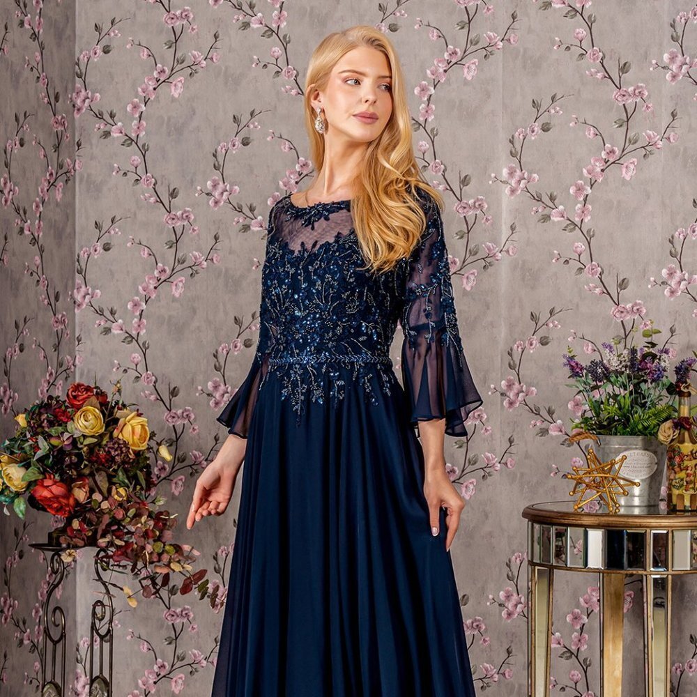 NEW LONG A-LINE CHIFFON FORMAL BEADED GOWN WITH 3\4 SLEEVES AND BOAT-NECK GL3434